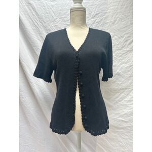 Designers Originals Studio Black Short Sleeve Knit Cardigan with Crochet Trim